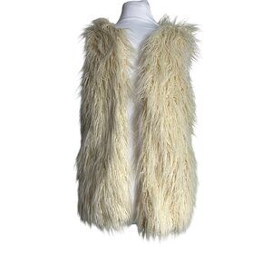 Wanderlust Shaggy Faux Fur Vest Womens Size Small Ivory Open Front Festival Boho